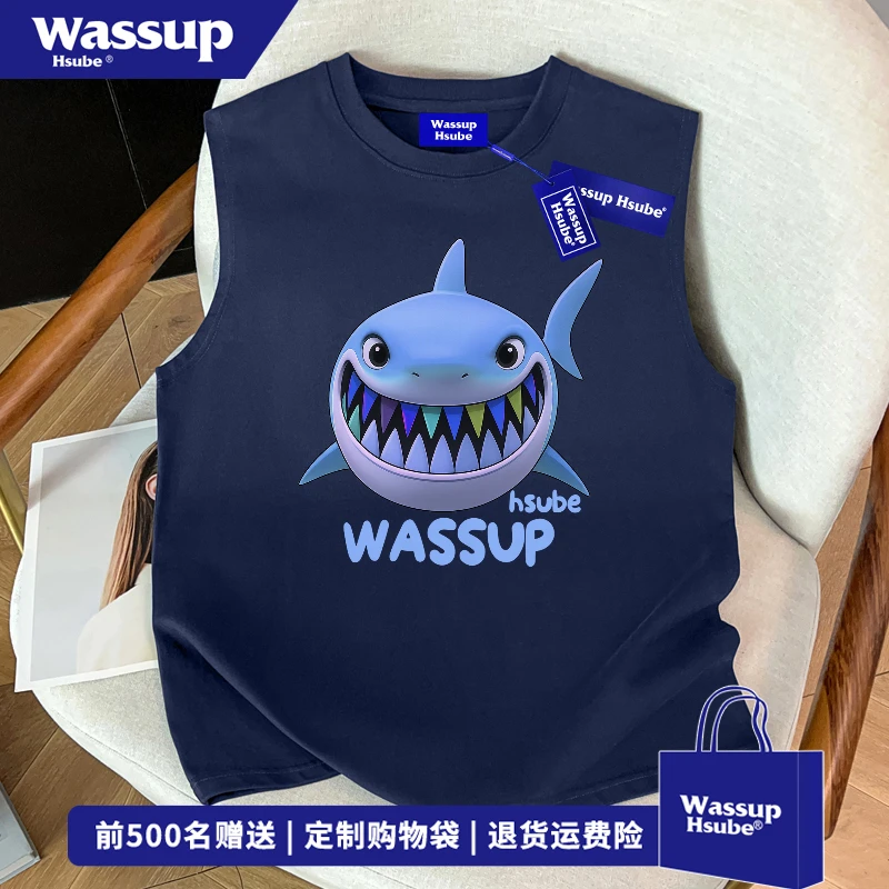 WASSUP HSUBE 欧美式趣味鲨鱼印花无袖背心男休闲藏青色坎肩上衣