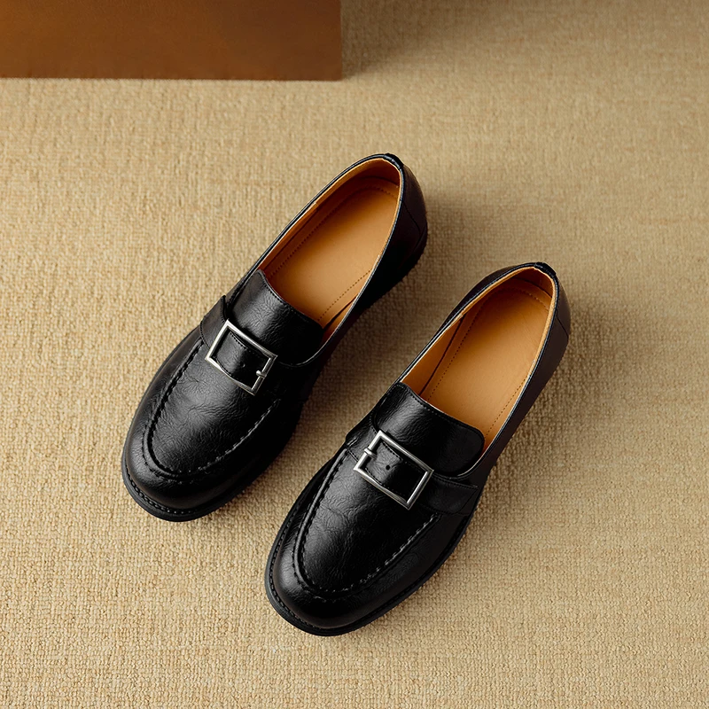 【Dhh】跟高3cm•牛皮•粗跟乐福鞋女春女鞋高级灰皮带扣英伦单鞋