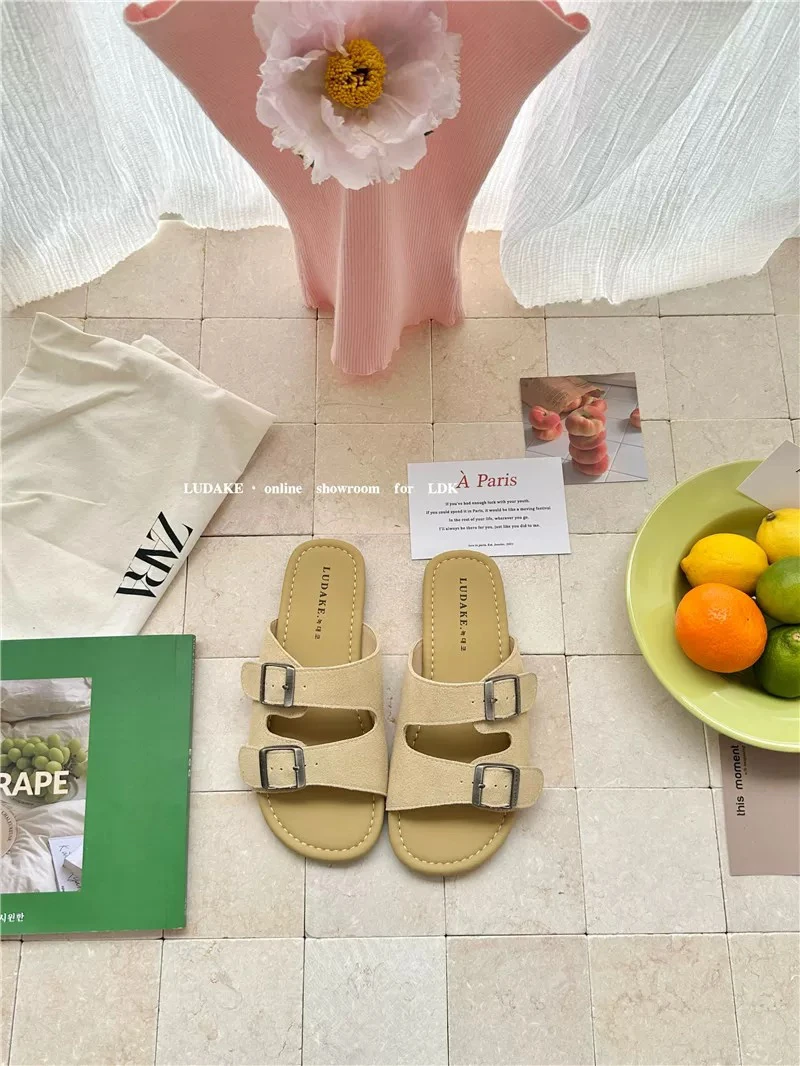 980-5夏季休闲凉鞋一字型平底薄款一字拖凉拖鞋ins皮带扣百搭