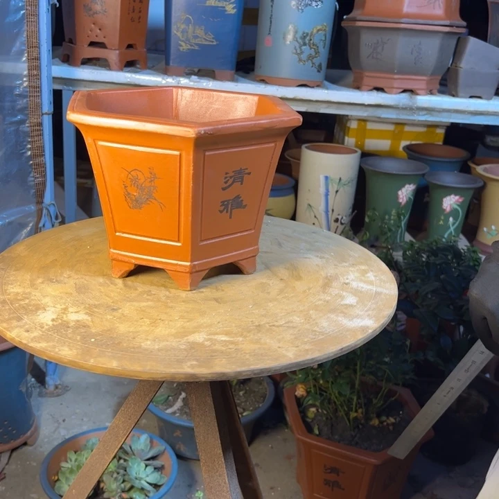 宜兴紫砂花盆25红清雅六方