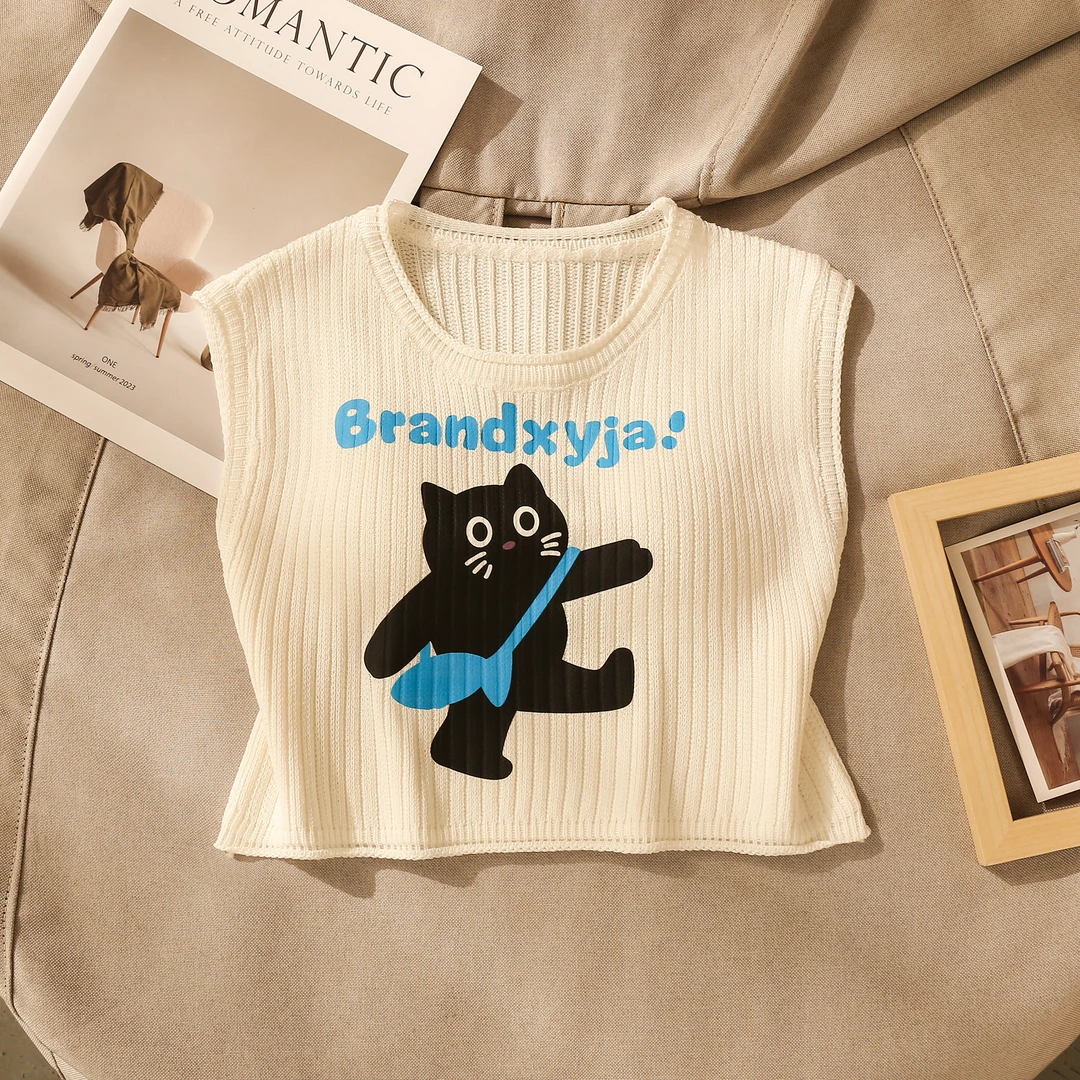 甜辣妹小猫印花针织圆领背心吊带女夏季洋气减龄修身内搭短款上衣