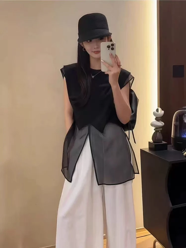 014-气质网纱拼接衬衬衣夏季新款减龄宽松休闲七分上衣网纱上衣