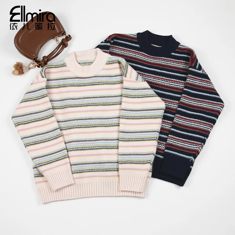 9637女童条纹毛衣秋冬儿童线衣外穿套头圆领上衣学院风中大童洋气