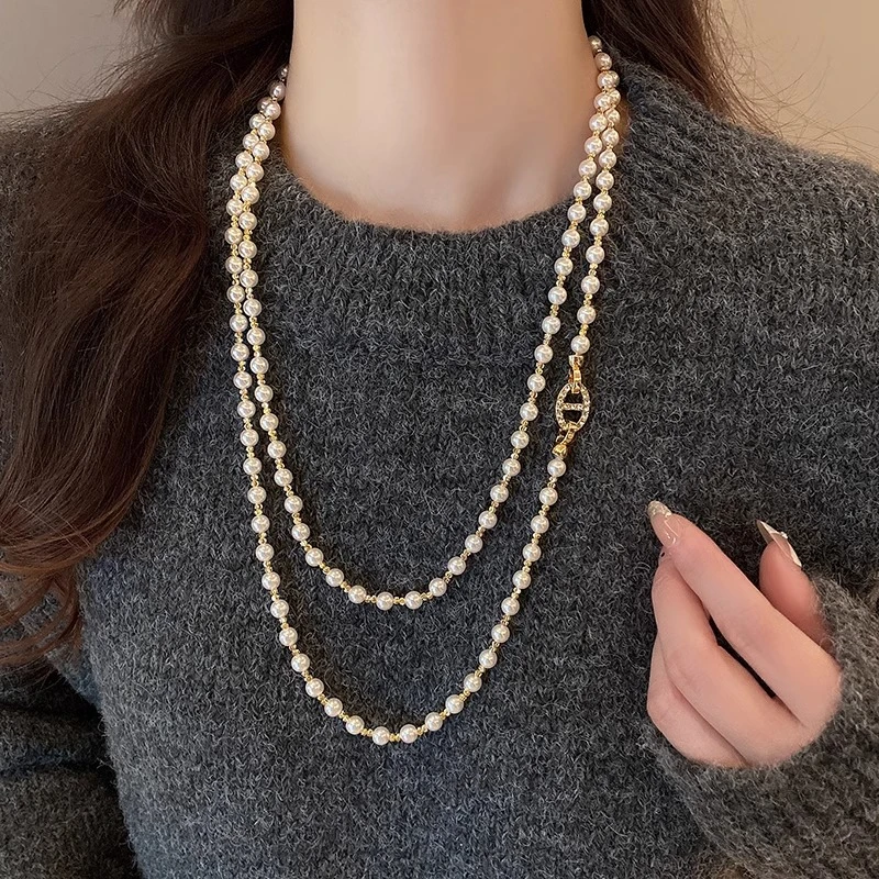 铜合金项链 长款叠戴珠珠项链高级感轻奢小众锁骨链女款毛衣链女