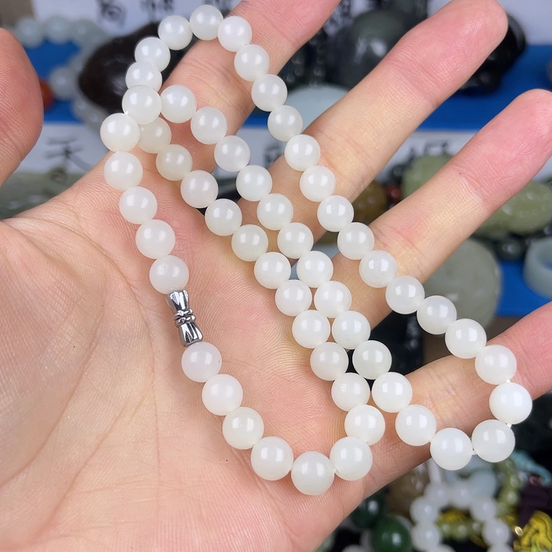 和田玉未镶嵌颈饰新疆和田玉8毫米于田白玉妈妈链