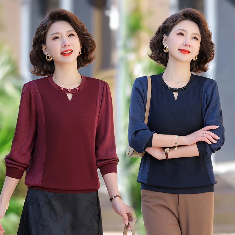 妈妈小衫春秋时尚洋气长袖T恤2025新款中老年女春装针织打底上衣