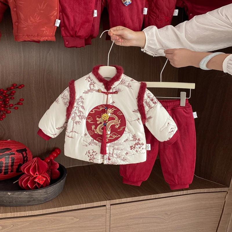 婴儿男童汉服套装冬装婴儿国风保暖加绒夹棉唐装宝宝周岁礼服冬季