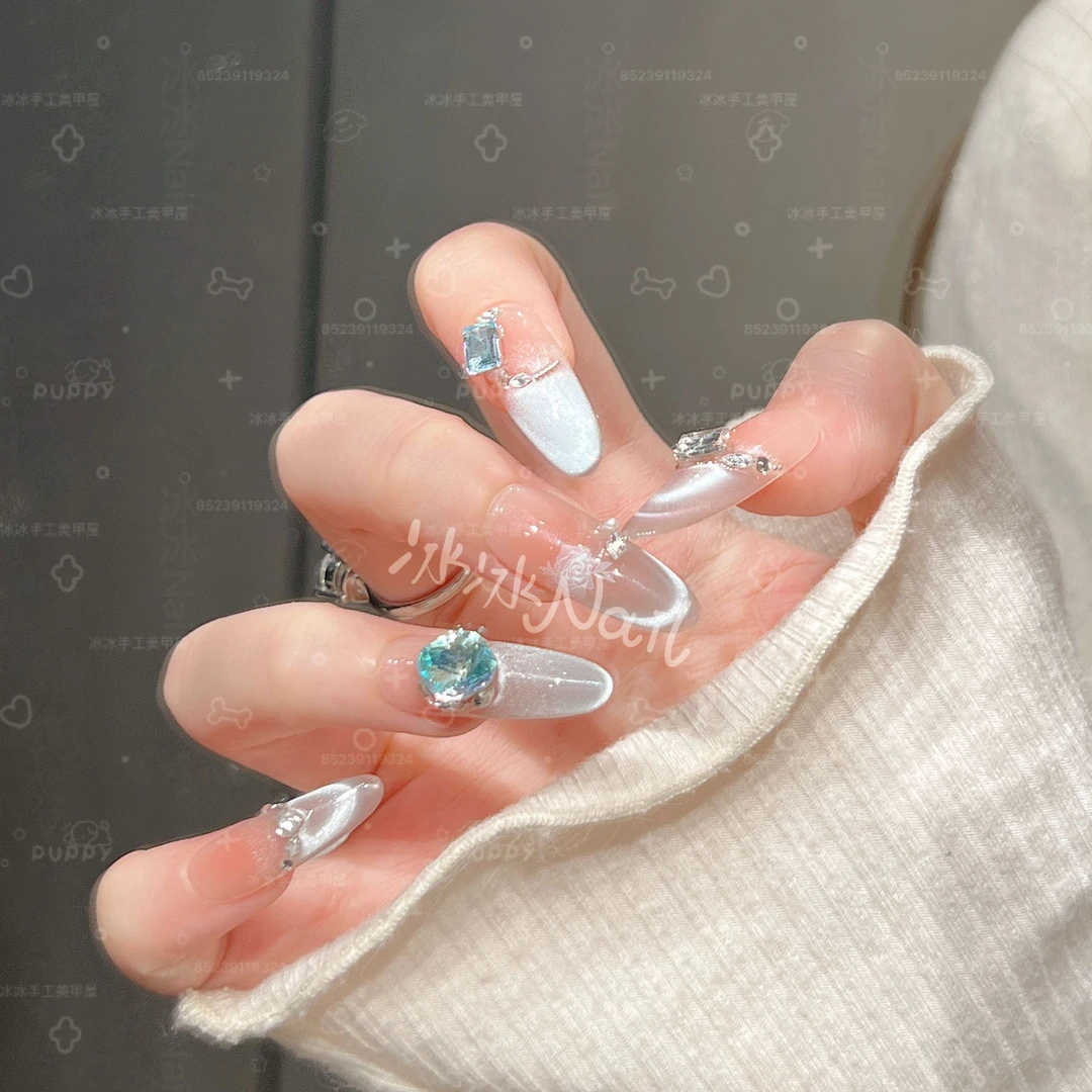 【冰岛玫瑰】纯手工穿戴式美甲冰透渐变闪钻宝石时尚清新款式