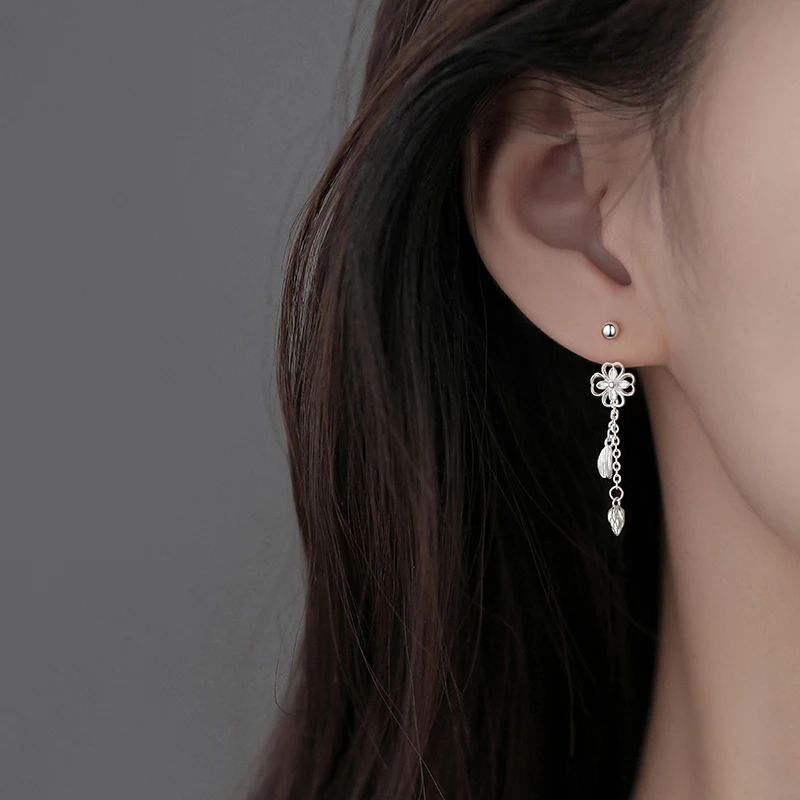 足银耳饰 999纯银花朵流苏耳环长款小众ins耳钉女轻奢气质设计感