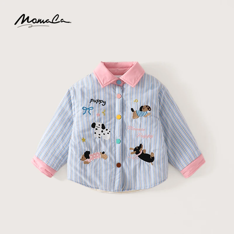MOMOCO冬季新款女童洋气时尚蓝条纹小狗刺绣衬衫75880234002