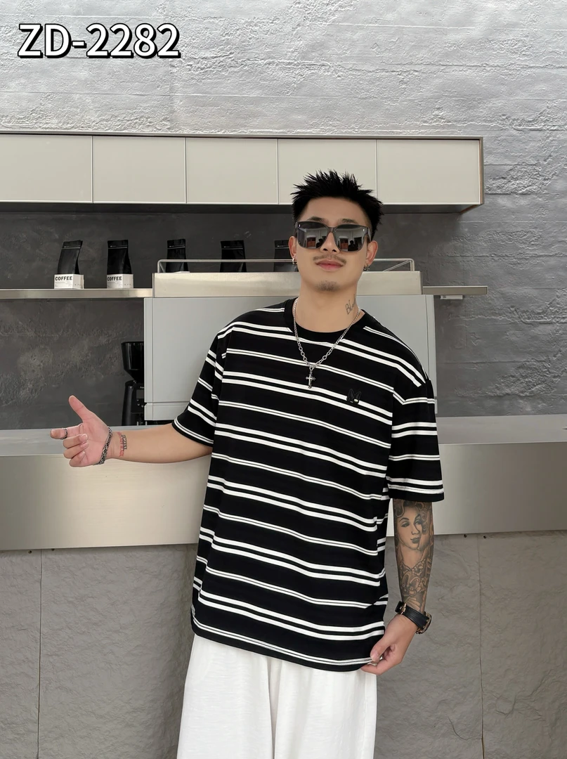 2282男士夏季潮牌宽版休闲ins条纹T恤上衣短袖余文乐高瀚宇