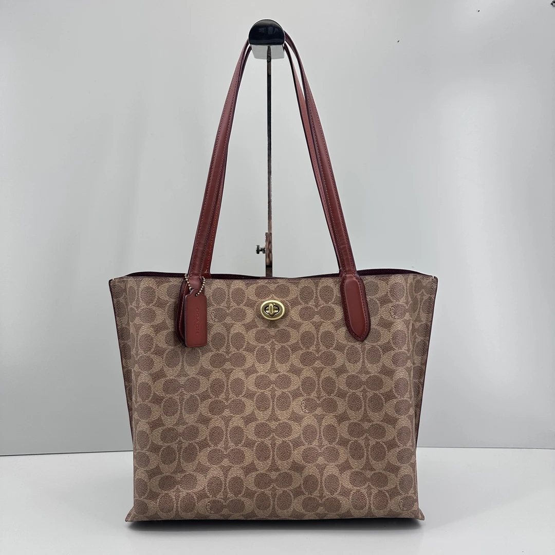 95新 COACH/蔻驰 willow34红棕老花托特包34*17*12cmM022214