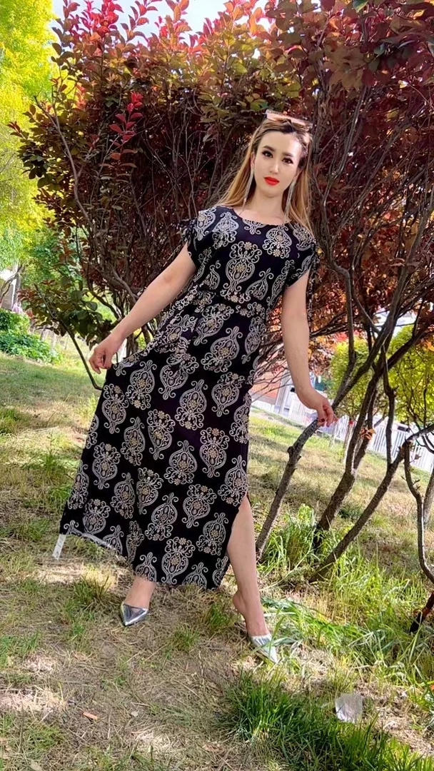 XH555套头印花长裙夏季短袖高腰连衣裙女士显瘦修身赫本风