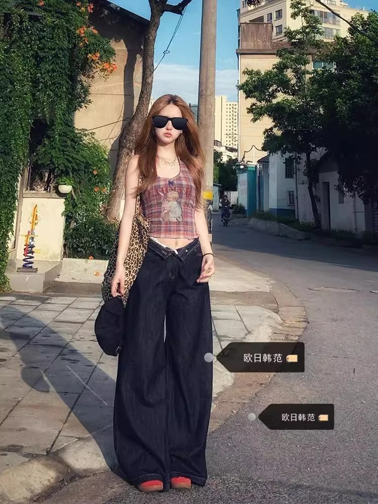 复古深色阔腿牛仔裤女夏季2025新款松弛感高腰显瘦直筒拖地长裤子