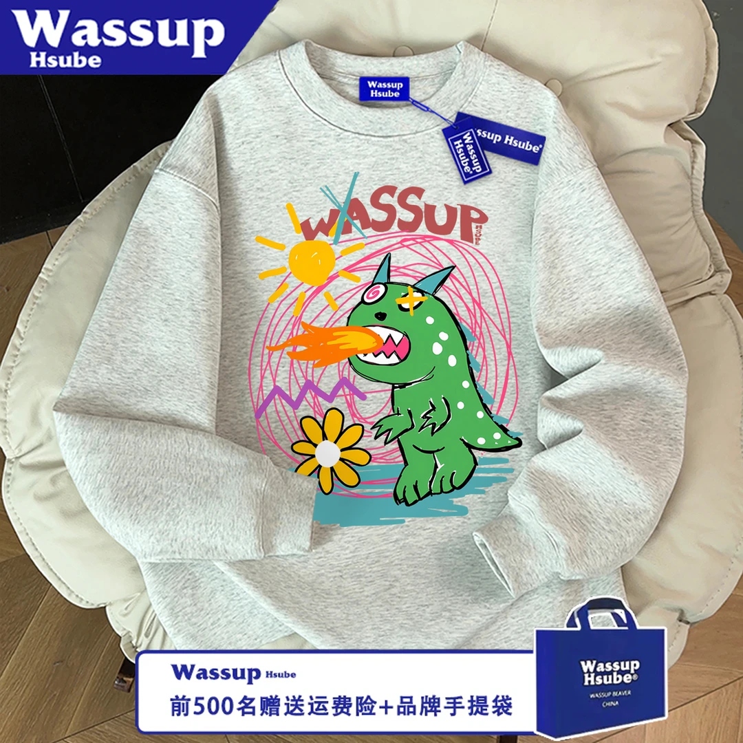WASSUP HSUBE百搭休闲长袖秋冬潮流宽松卡通动漫恐龙印花情侣上衣