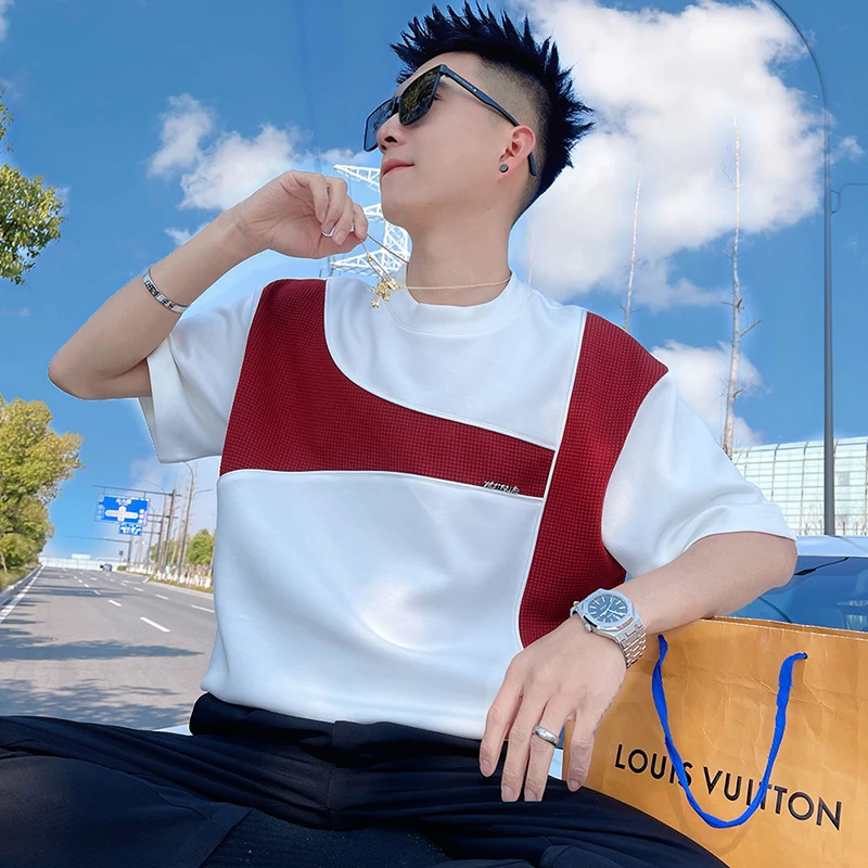 拼接撞色短袖t恤男夏季潮牌痞帅半袖上衣2025新款高级感男装体恤