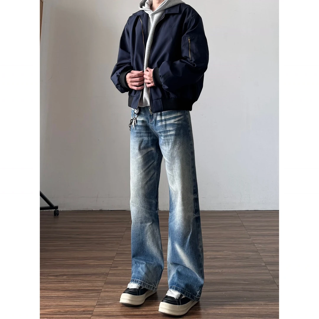 美式复古水洗猫须蓝色直筒牛仔裤男cleanfit宽松阔腿青少年裤子女