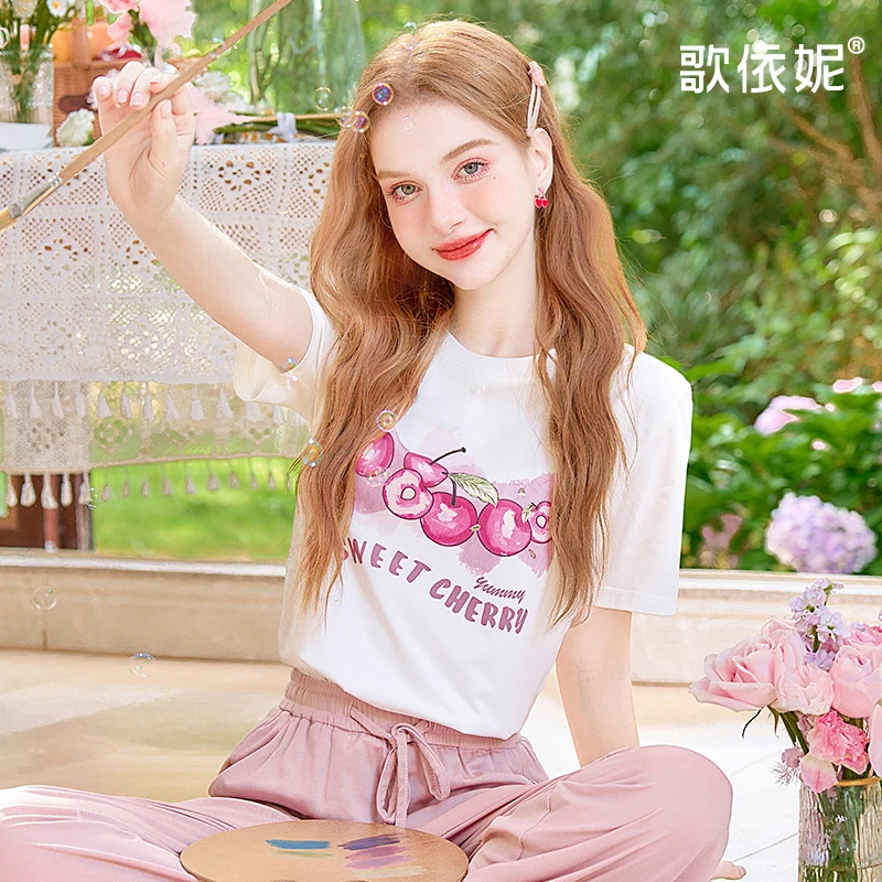 歌依妮夏季新款女甜美宽松休闲白色正肩气质小个子短袖T恤衫上衣