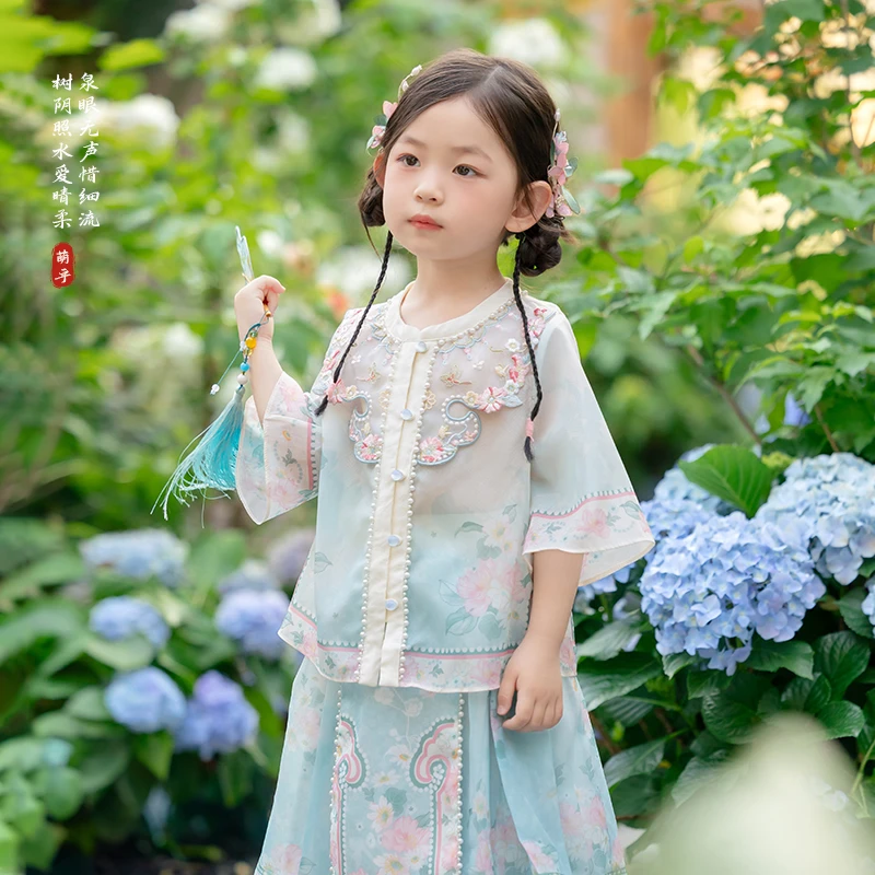 萌乎【小甜莓】明制汉服女童2025夏儿童国风马面裙短袖套装-252829