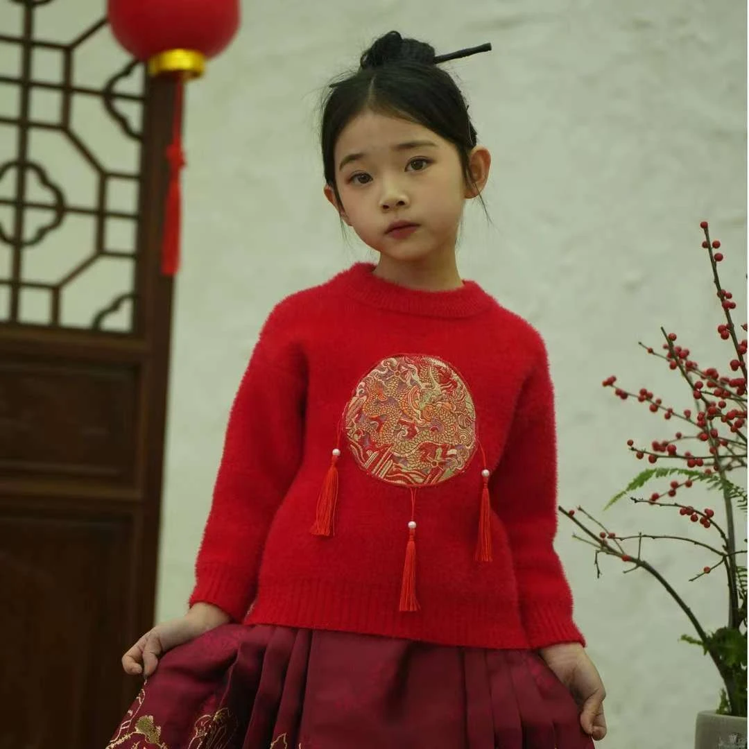 2024冬季儿童新品加厚新中式国风喜庆拜年毛衣