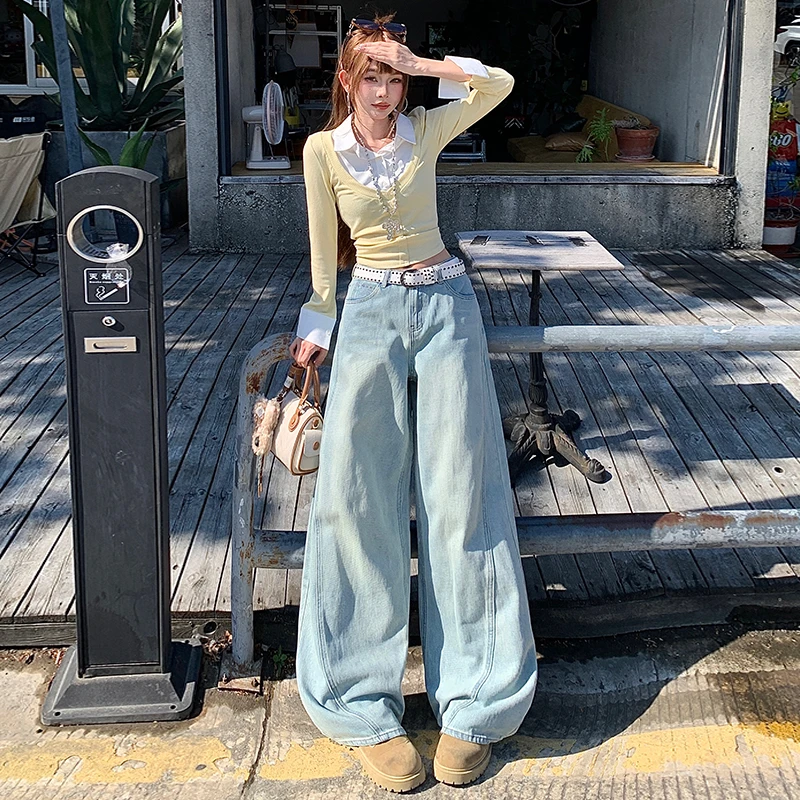浅蓝美式复古少女风小众设计高腰显瘦百搭修身直筒阔腿牛仔长裤