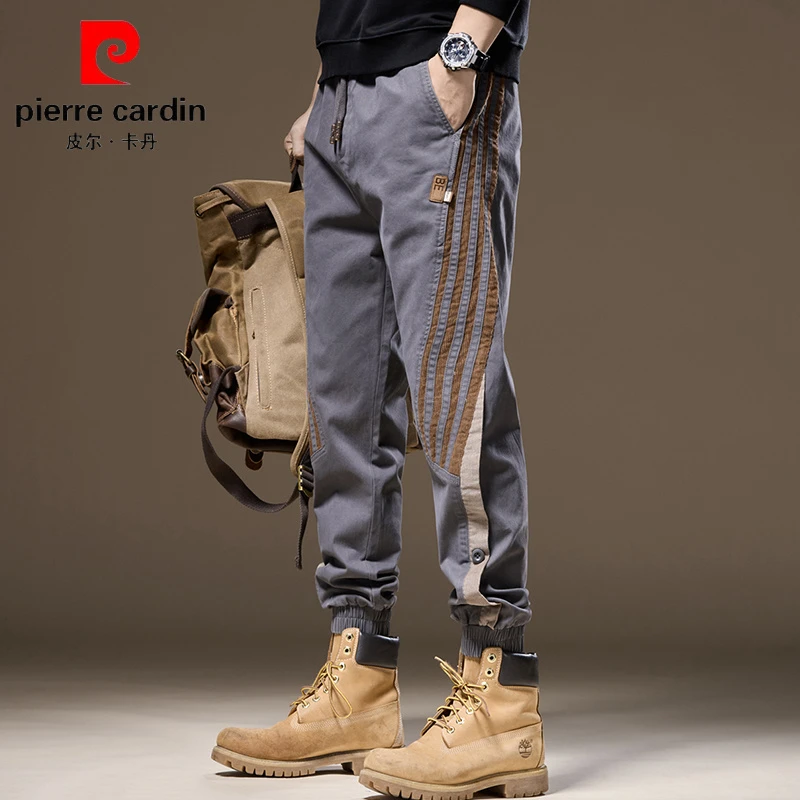 皮尔卡丹秋季条纹撞色拼接休闲裤男士宽松弹力束脚长裤痞帅工装裤