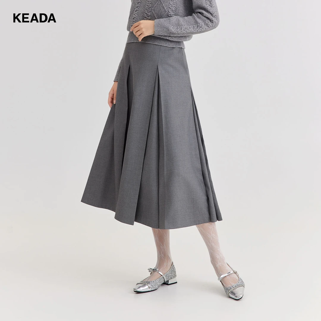 KEADA灰色高腰a字裙百褶半身裙长裙职业通勤KSN3SK4195
