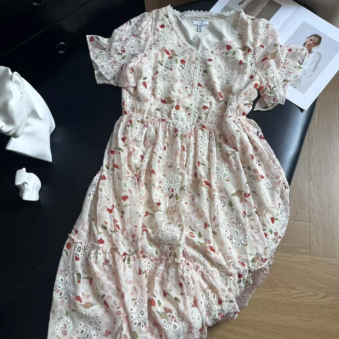 卡码拍大夏季法式甜美中长款过膝收腰显瘦气质雪纺连衣裙H5613