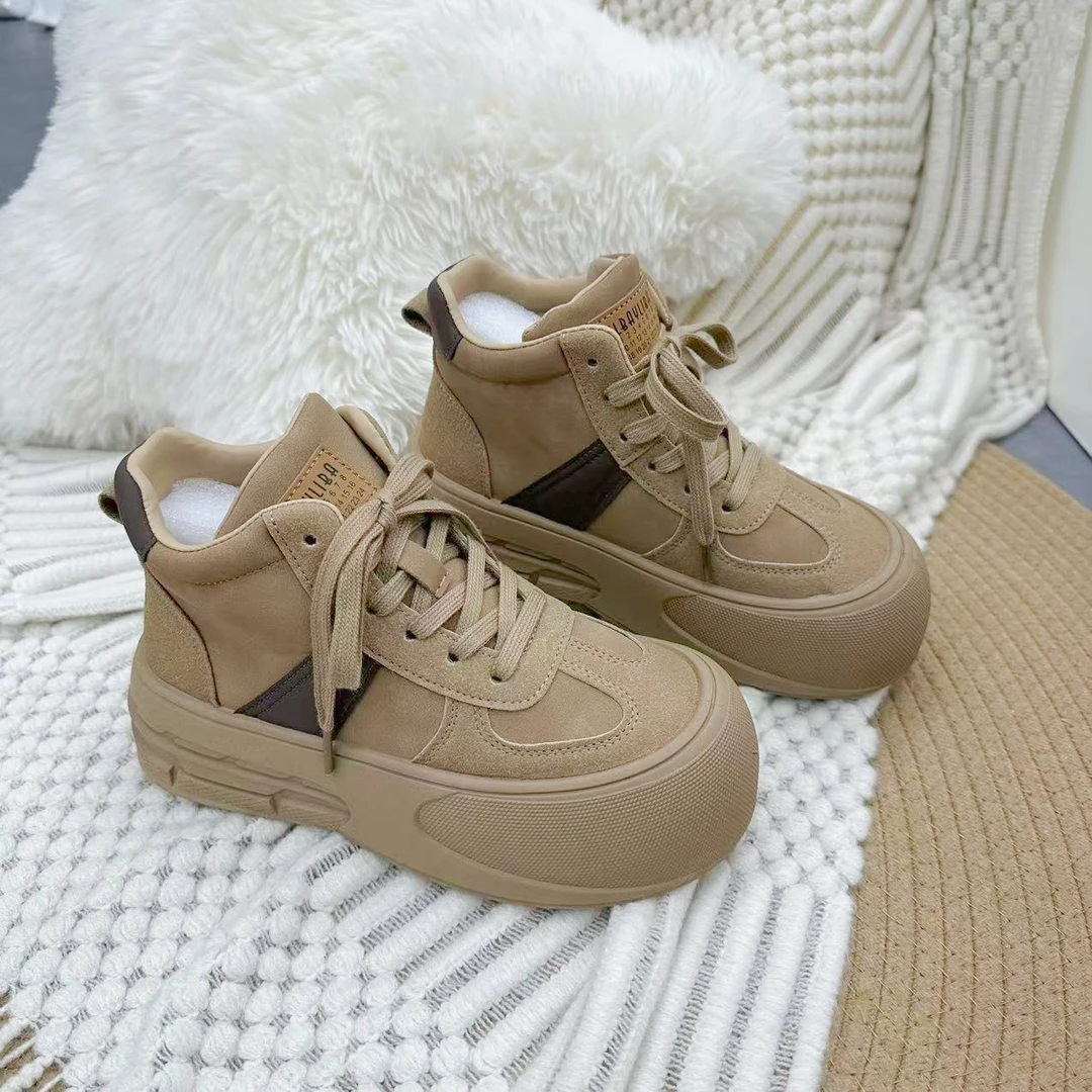 B33卡色 厚底板鞋女2024新款百搭休闲运动面包鞋学生松糕女鞋