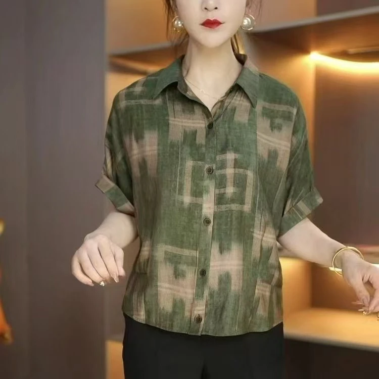 薄款宽松型宽松格子中老年女装复古衬衫印花百搭女装显瘦洋气