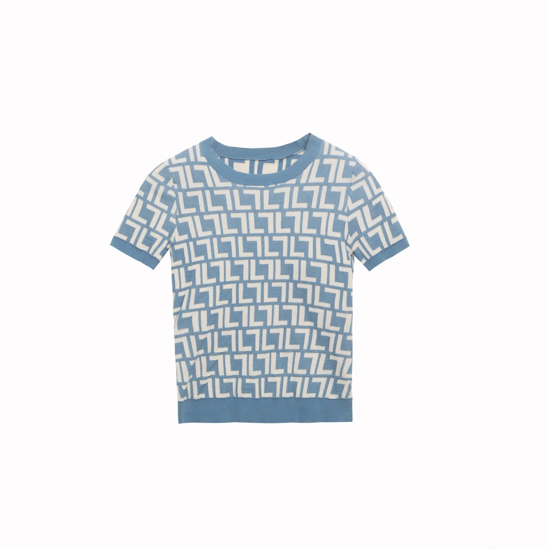 2025春夏新款 蓝色短袖针织 女士圆领短袖T恤衫（D05FD54DT02）