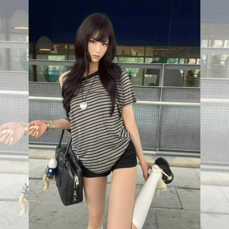 美式斜肩复古条纹撞色T恤女2026夏季新款夏显瘦露肩辣妹上衣