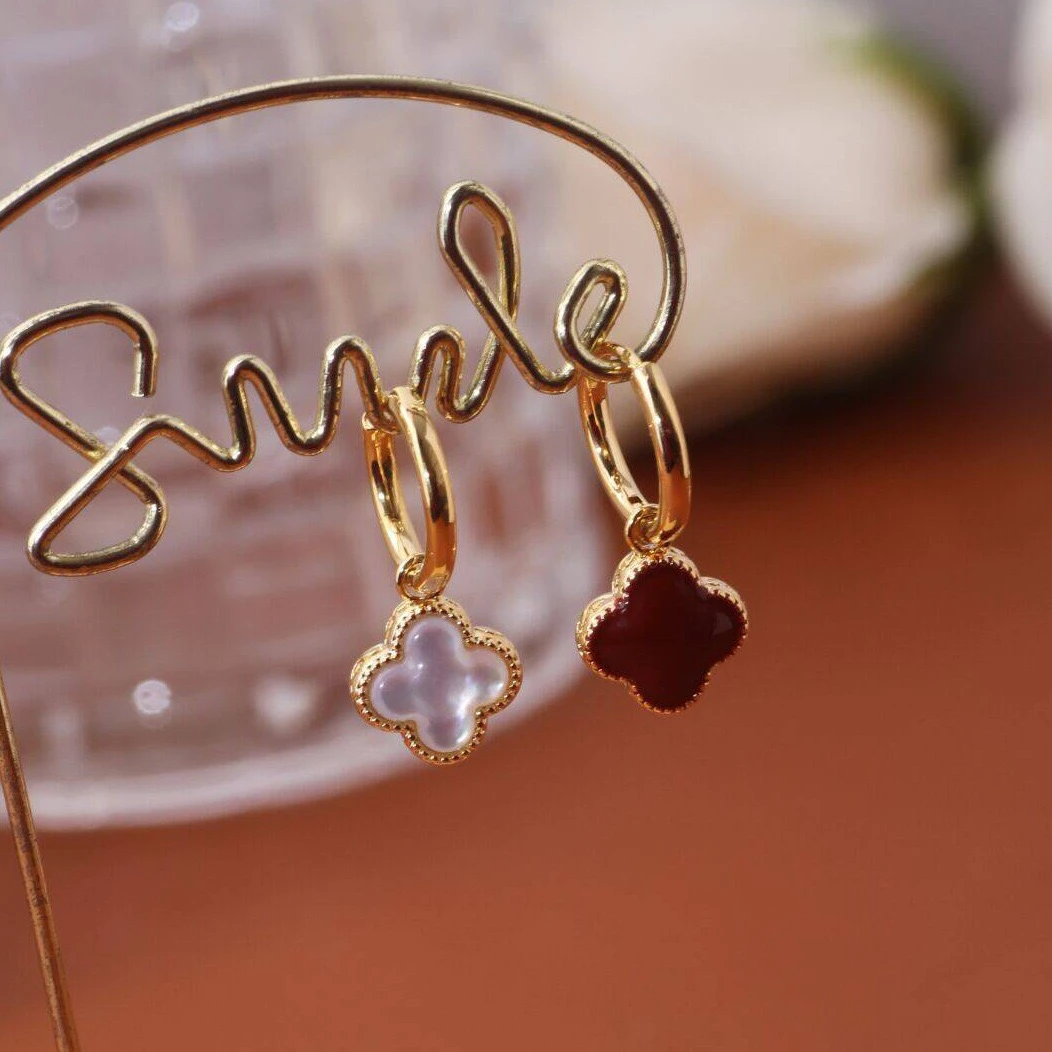 铜合金合成锆石耳饰 双面可戴C207四叶草安可啦红耳环