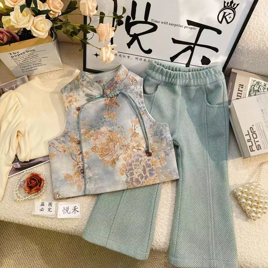 SD女童萌娃春季新款新中式儿童洋气中国风女宝裤子套装7429