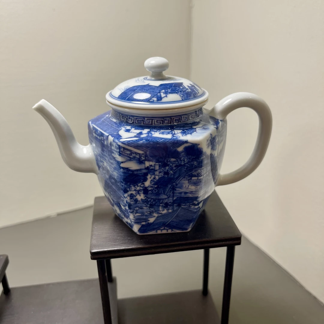 钟家窑 柴窑 纯手绘 青花 清明上河图壶