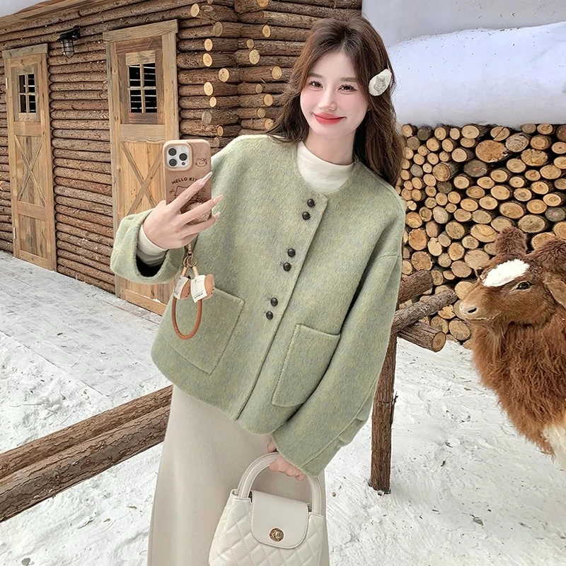 羊毛圆领小香风2025秋冬韩版气质休闲宽松落肩袖双面毛呢外套