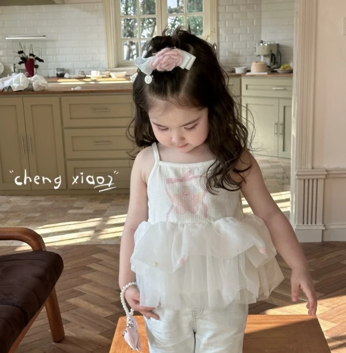 橙小七女童夏款公主风甜美无袖薄款蕾丝蓬蓬裙吊带裙印花吊带小衫