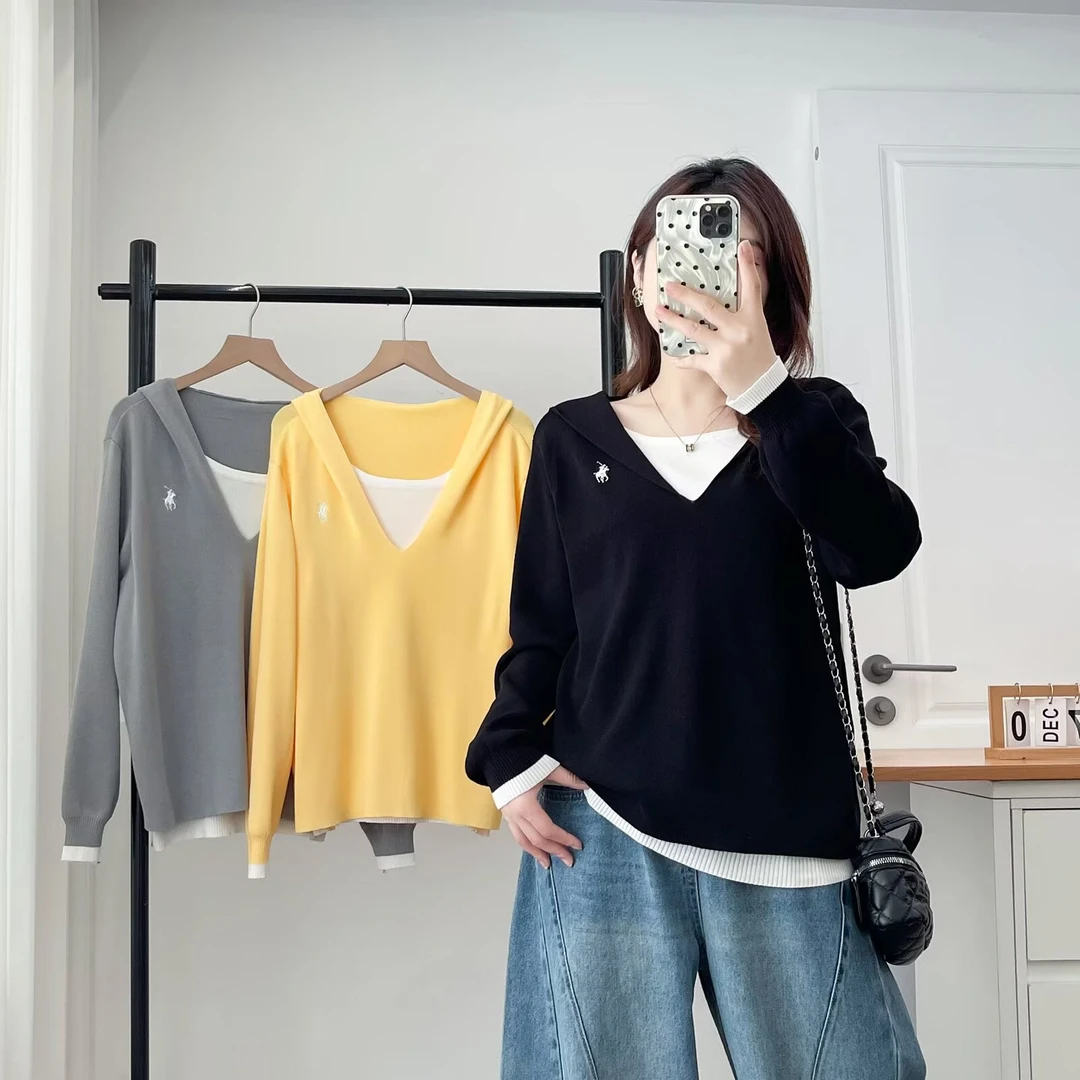 100-200斤大码女装胖mm秋款韩版休闲刺绣连帽假两件针织衫女1405