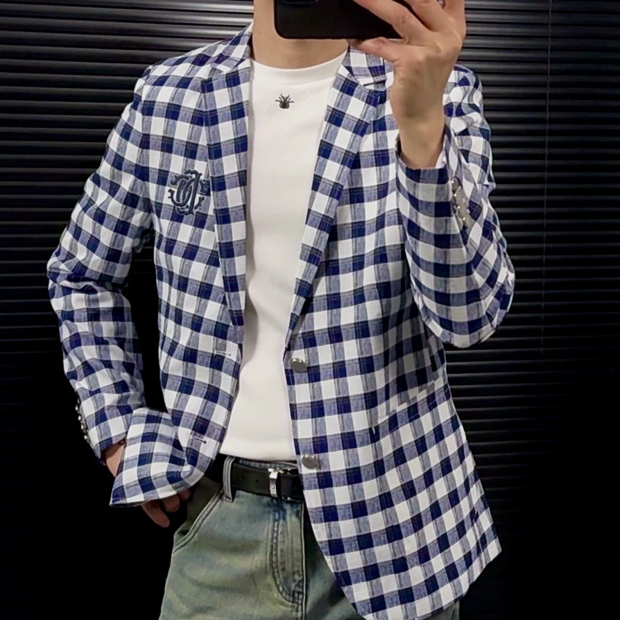 春季秋季修身西服上装上衣潮流春秋百搭时尚帅气男装格子韩版