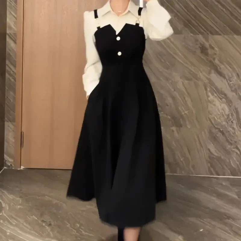 法式赫本风假两件背带连衣裙女秋季大码胖MM时尚气质中长款裙子女