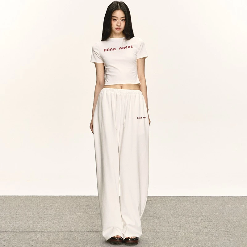 anna aneae灰色正肩短袖t恤套装女夏季一整套垂感阔腿长裤两件套