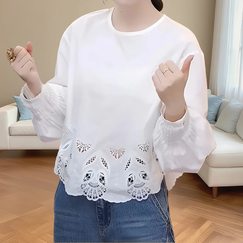 宽松别致显瘦秋季内搭圆领T恤女精致绝美蕾丝花纹刺绣长袖上衣ins