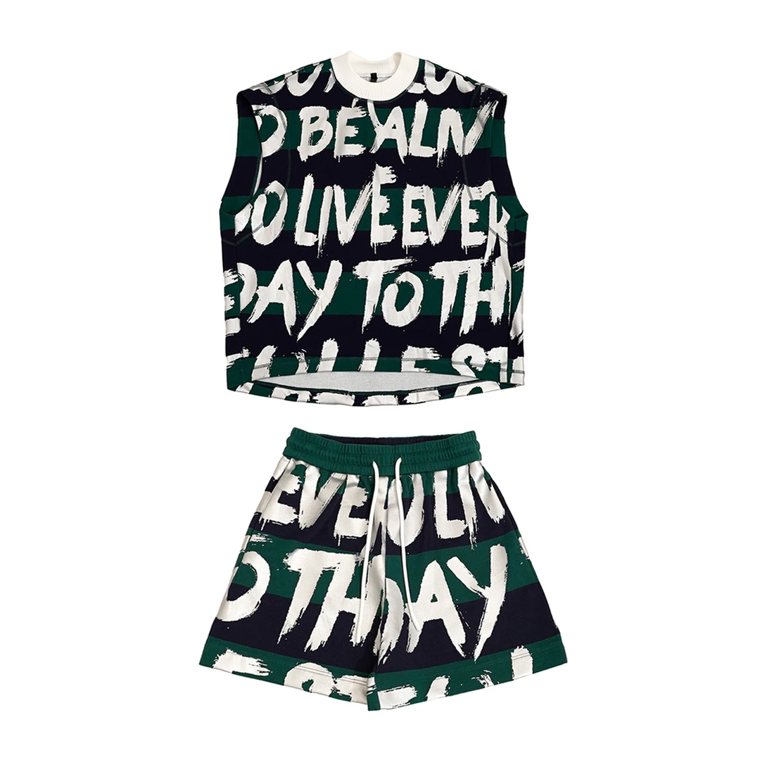 GG潮牌新款时尚休闲潮流宽松街头显瘦无袖马甲短裤套装-151053/54