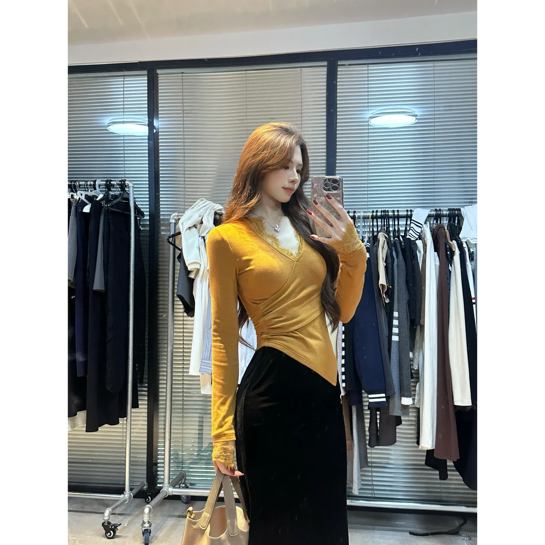 SZA【巴黎假日】法式蕾丝边交叉收腰显瘦气质V领辣妹上衣A-1289