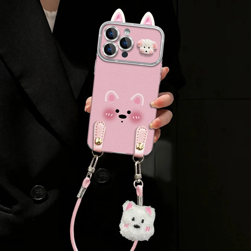 腮红小狗适用苹果vivo华为oppo小米iPhone17大视窗羊皮手机壳