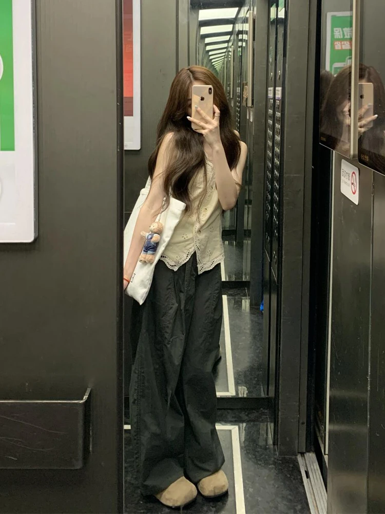 2025韩系夏款辣妹气质穿搭复古背心V领上衣高腰休闲阔腿裤两件套