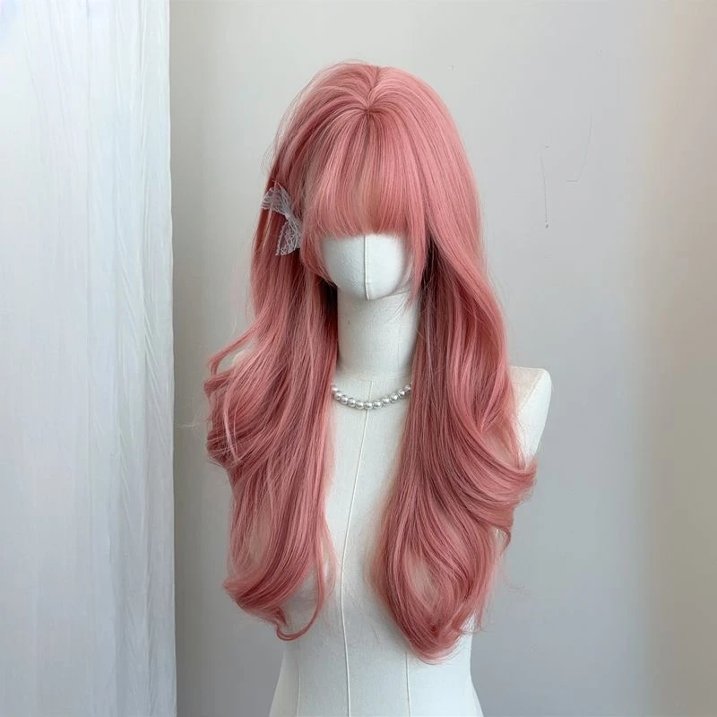 水舞沙假发女时尚减龄玫瑰浅粉色全头套式网红自然长卷发大波浪