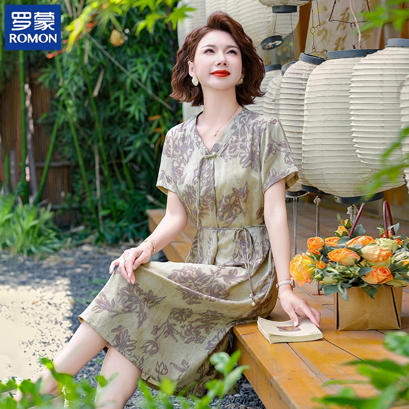 罗蒙气质妈妈夏装时尚印花连衣裙洋气V领裙子中老年女装显瘦长裙
