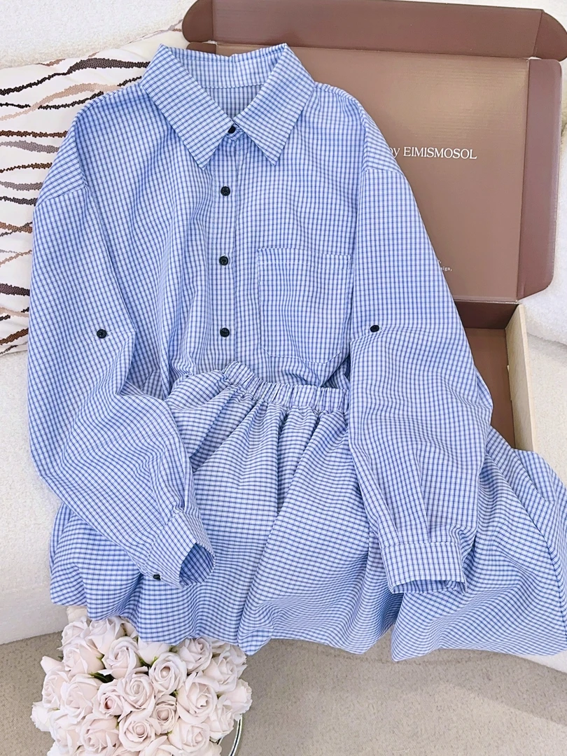 琳心丨早秋新款蓝色格子衬衫长袖西装领高腰短裙套装 MDY5996