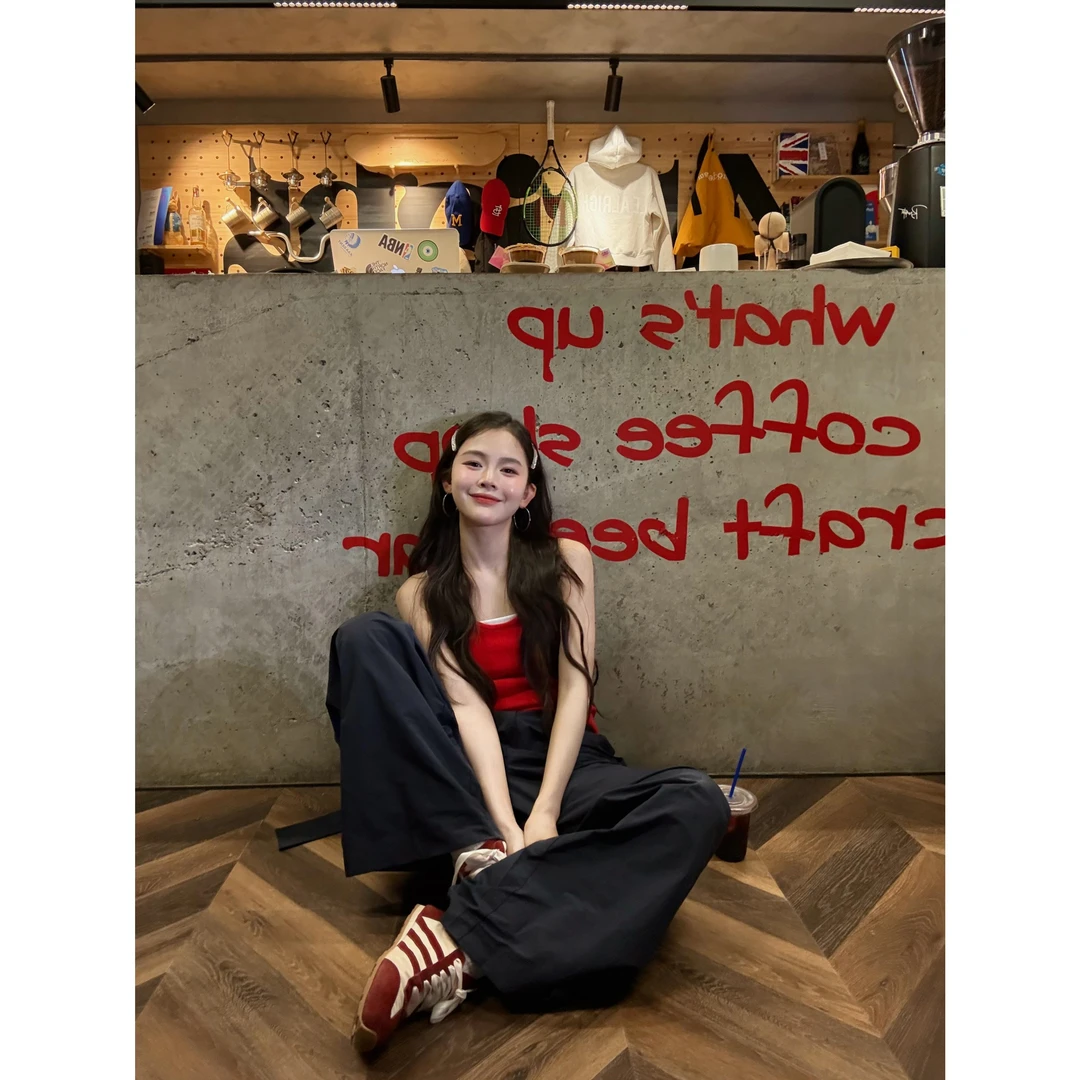 parkyeon韩系辣妹休闲设计感吊带背心上衣高腰宽松工装直筒长裤